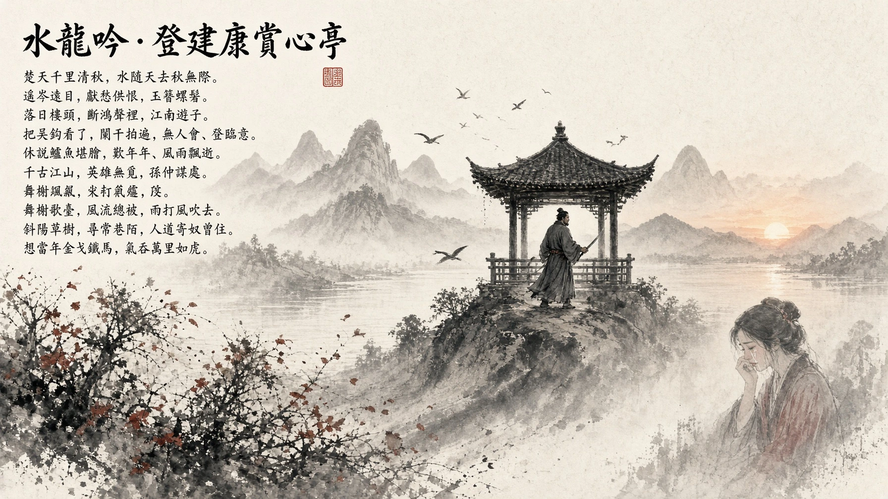 Monochrome Song-dynasty landscape inspired by Water Dragon Chant